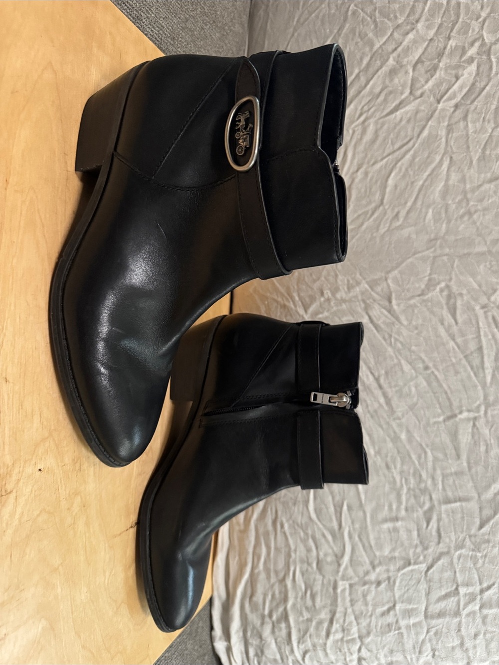 Coach Black Leather Ankle Boots with Side Buckle